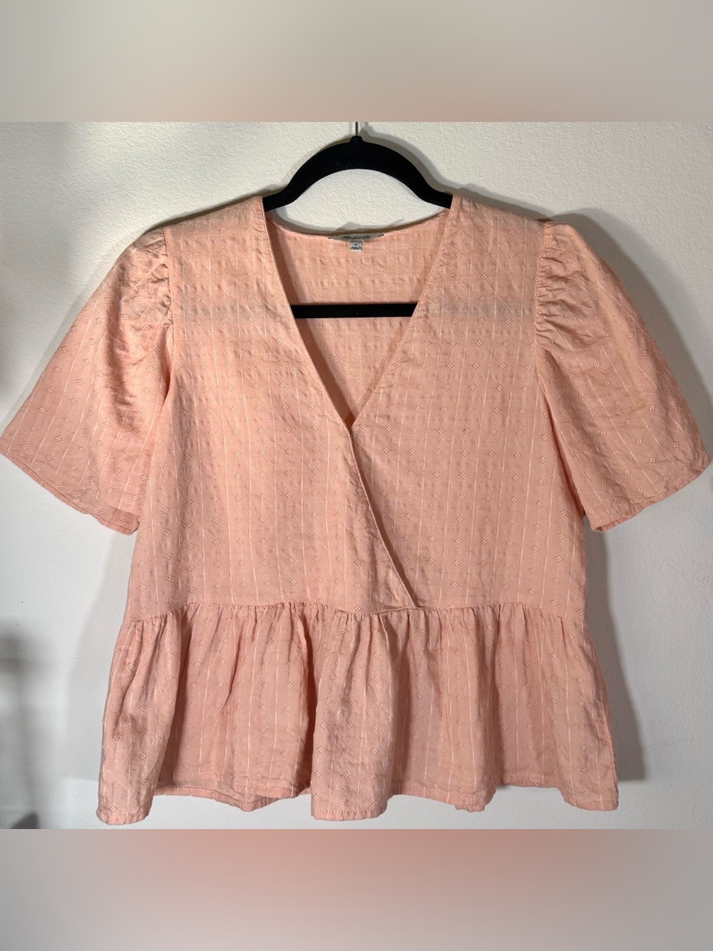 Madewell Crossover Peplum Top NA377 Coral Pink Textured Cotton Size Small